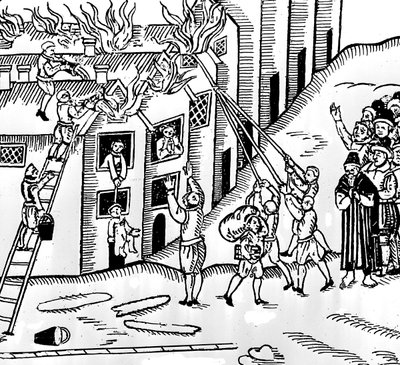 Firefighting at Tiverton, Devon, 1612 by English School